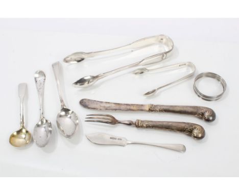 Selection of miscellaneous Georgian and later silver flatware - including two pairs sugar tongs, butter knife, salt spoon, na