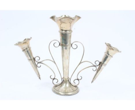 Early George V silver epergne with scroll frame and three removable trumpet vases, on a circular pedestal foot (Sheffield 191