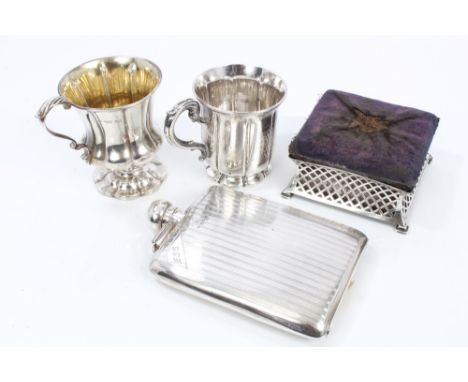 Late William IV / early Victorian silver christening mug of panelled baluster form, with scroll handle and engraved inscripti