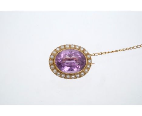 Victorian oval amethyst and seed pearl brooch, the oval mixed cut amethyst surrounded by a border of seed pearls, 20mm x 16mm