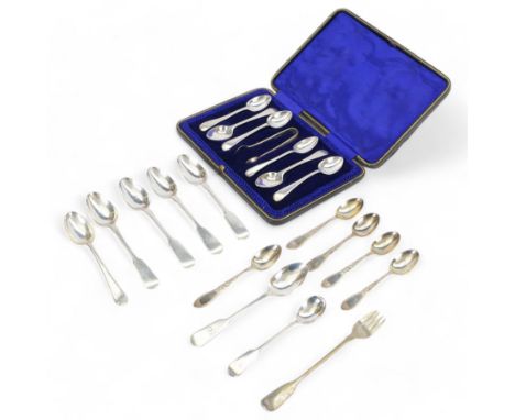 Group of silver flatware, comprising set of five Victorian Fiddle pattern teaspoons engraved with initials to terminals, hall