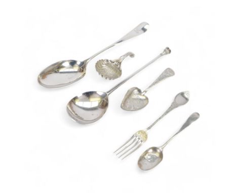 Group of silver Georgian and later silver flatware, including Hanoverian pattern table spoon, with engraved initial to termin