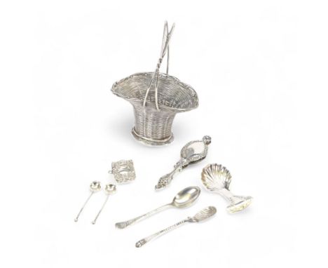 Group of silver, comprising wire work basket and lorgnette, both unmarked, 1920s silver caddy spoon with shell bowl, hallmark