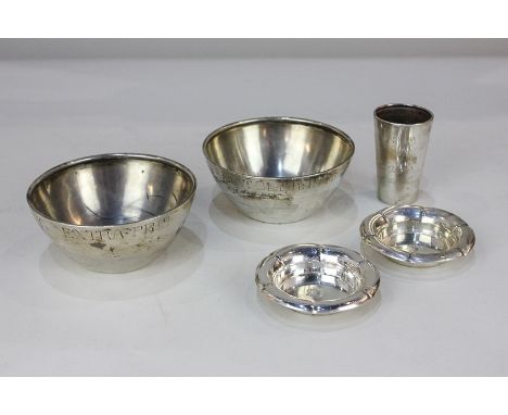 A pair of Swedish silver bowls with inscriptions to rim, 830 grade, date mark 1911, two small trinket dishes, and a tot measu