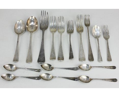 A George III silver Hanoverian pattern table fork, maker possibly William Eley & William Fearn, London, 1804, a pair of Hanov