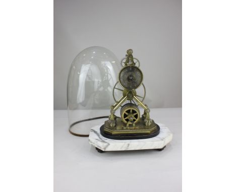 A Victorian brass skeleton clock with three inch dial marked Whitehurst, Derby, with chain driven movement, mounted on marble