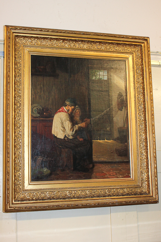 J de Groot (19th century, Dutch), interior scene, fisherman mending his