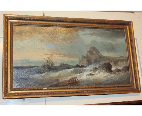 19th century school, stormy seascape view of a ship wrecked on cliffs, oil on canvas, indistinctly signed Gomsonn?, 34.5cm by