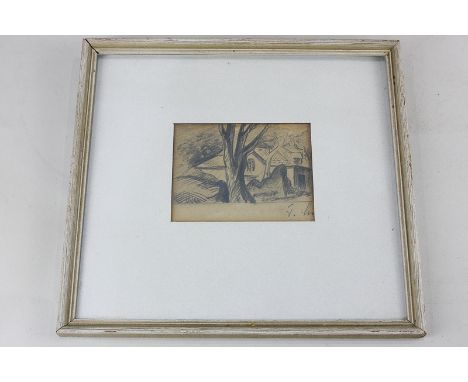 20th century school, pencil sketch of a house viewed through trees, indistinctly signed J Lin?, 7.5cm by 9.5cm