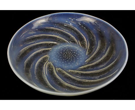 A Rene Lalique poissons pattern opalescent glass bowl marked R Lalique, France, 30cm