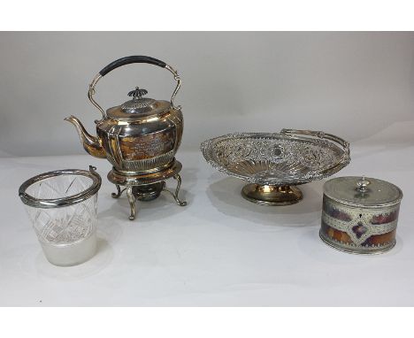 A silver plated kettle on stand with burner (inscribed), together with a silver plated cake basket of oval form, a silver pla