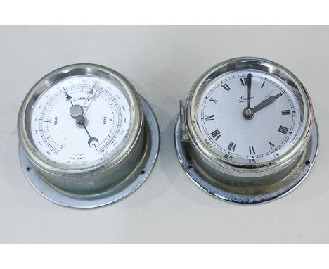 A Marpro porthole wind up alarm clock with matching barometer both in zinc cases 9cm diameter widest point
