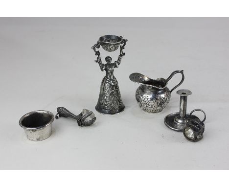 A miniature Continental silver wager/wedding cup, import mark Chester 1902, 8.5cm, a miniature chamberstick, flagon, circular