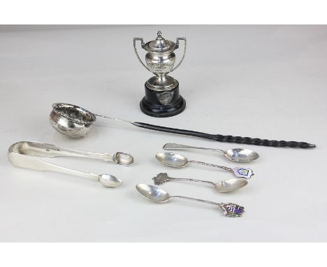 A Georgian silver brandy ladle with twisted whalebone handle, 32cm (a/f);  a pair of sugar tongs, a small George V trophy on 