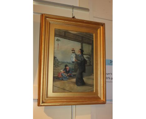 A framed Chinese picture on silk depicting an interior scene of lady holding a lantern beside two children with a goldfish bo