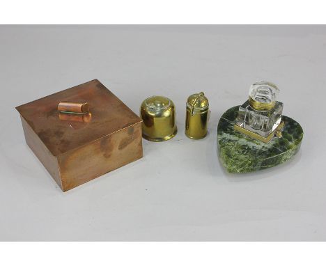 A heart shape marble desk stand with single glass inkwell, 11cm, two brass inkwell pots (a/f), and a copper box and cover sta