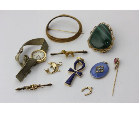 A diamond and pink sapphire stick pin; a gold brooch mount; a 9ct gold and malachite pendant; a gold and enamel cross pendant