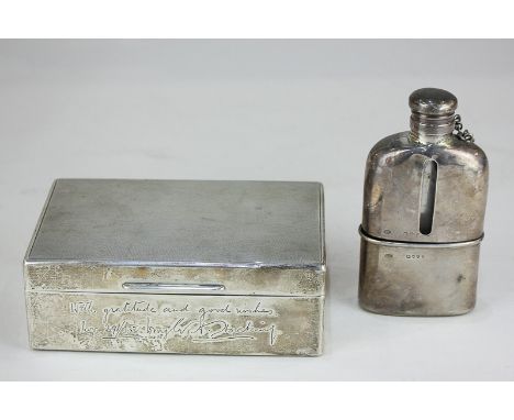 A Victorian silver and glass hip flask with integral cup, maker Thornhill & Co, London, 1878, (a/f dented, worn marks) togeth