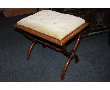 A Victorian rosewood rectangular button upholstered stool on X framed legs with turned stretcher, 59cm