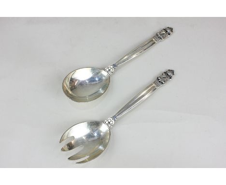 A pair of Georg Jensen silver servers of spoon and fork, in acorn pattern, maker's marks, and import mark London 1931, 3.4oz,