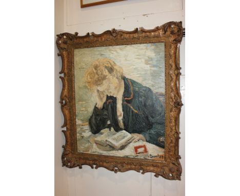 Ronald Ossory Dunlop R. A. (1894-1973), portrait of a young lady dressed in a blue jacket bent over books, 'Woman Reading', o