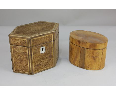 A hexagonal inlaid wooden tea caddy 18cm, and another oval shaped tea caddy, 13.5cm