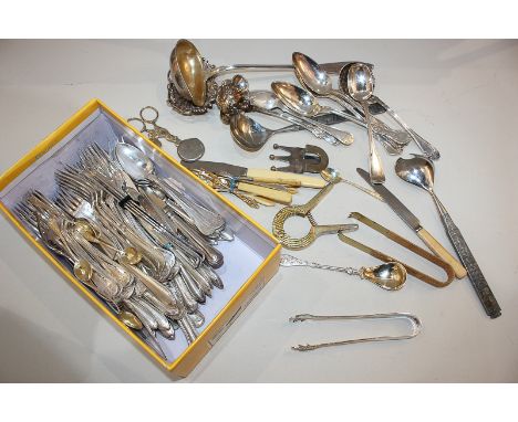 A large collection of silver plated Continental and other metal cutlery and flatware, to include a pair of pewter handled sal