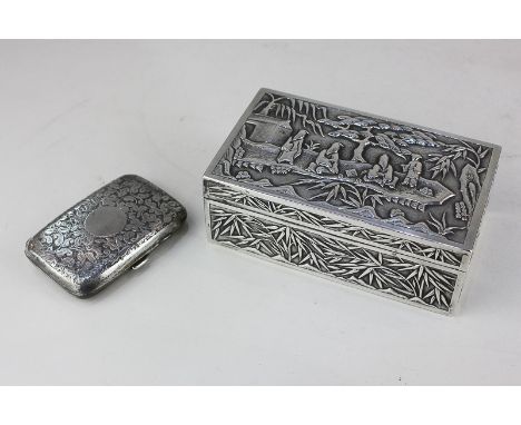 A Chinese silver cigarette box, rectangular shape decorated with figures and bamboo, 12.5cm, and a Victorian cigarette case, 