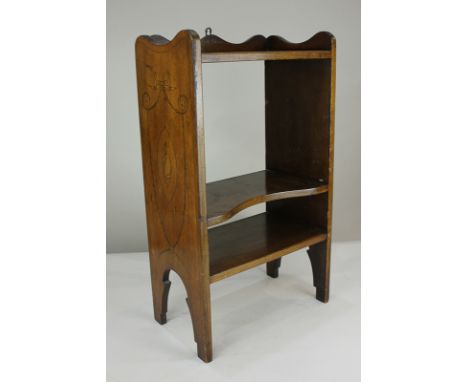 A small inlaid mahogany three-tier wall shelf with shell, harebell and ribbon decorated side panels, 49cm by 28.5cm