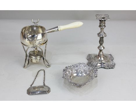 An Edward VII silver toddy ladle with stand and burner, maker Thomas Bradbury & Sons Ltd, London, 1903; a silver pierced hear