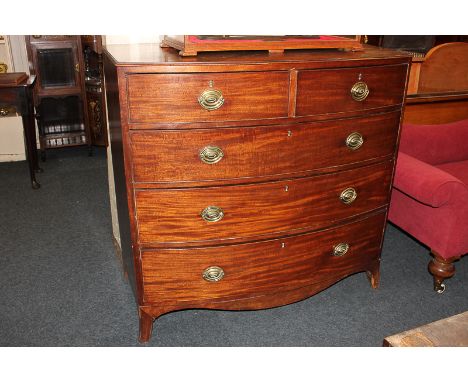 A 19th century mahogany bowfront chest of two short over three long drawers, on bracket feet, 108cm