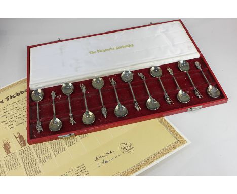 A cased set of twelve Tichborne Celebrities spoons, each finial depicting a known individual such as Julius Caesar, Charlemag