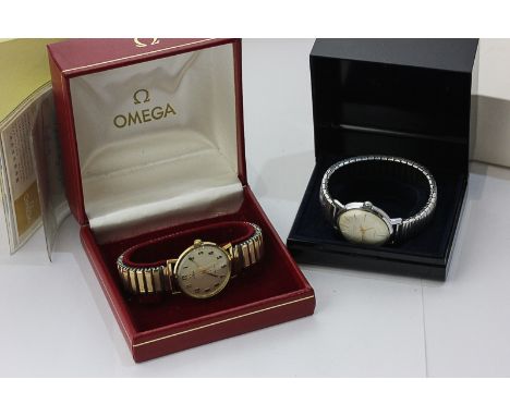 A gentleman's gold Omega wristwatch on a replaced sprung bracelet, manual wind, Geneve model, and a steel Poljot wristwatch