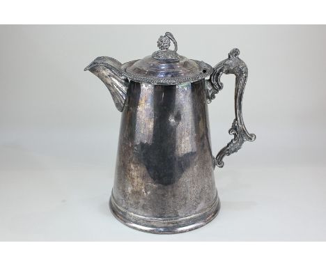 A Victorian patented silver plated flagon with cast grape and vine finial and scroll handle (a/f), 30cm