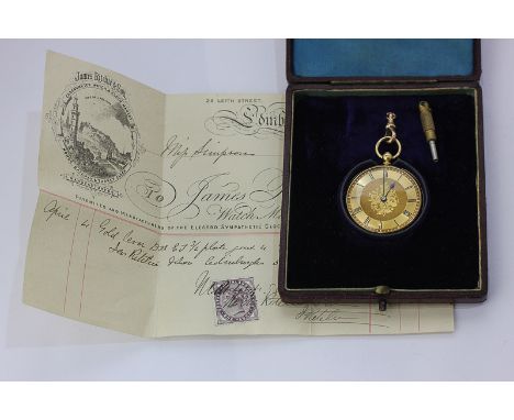 A lady's 18ct gold fob watch, the movement signed Ritchie & Sons, Edinburgh, in an engine turned case with original purchase 
