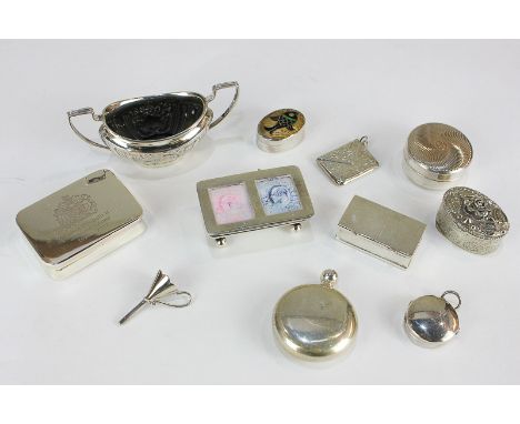 A modern 925 silver stamp box, another rectangular box with two compartments, a small envelope shaped stamp holder, an Edward