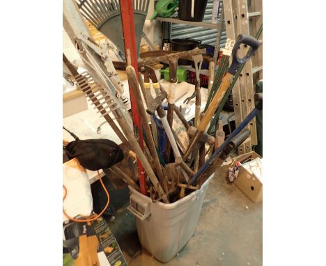 Bin of gardening tools  CONDITION REPORT: Please be aware the bin is NOT included in this lot - this is the tools ONLY.