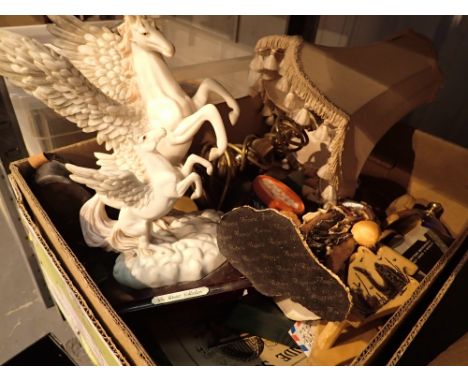 Box of mixed items including a brass lamp