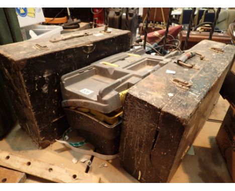 Two wooden toolboxes containing vintage tools including plane and a further toolbox