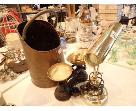 Copper coal scuttle with cast iron balance scales with weights and a bankers lamp 