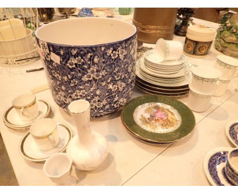 Large blue and white planter and other ceramics