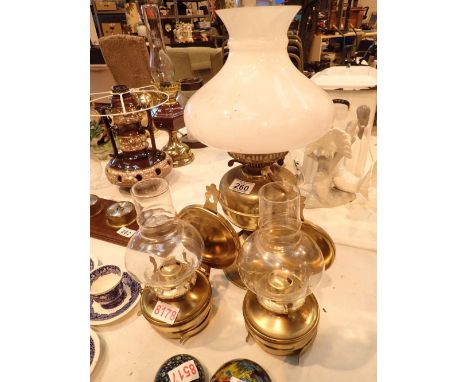 Vintage oil lamp changed to electric and two reproduction wall oil lamps 
