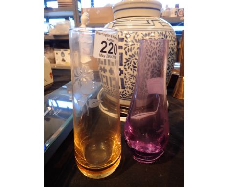 Two Caithness vases one amber colour the other amethyst colour 