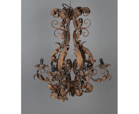 A late 20th century tole painted wrought metal six-light chandelier with foliate mounts, height 70cm, width 55cm.Buyer’s Prem