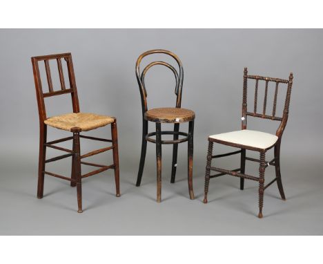 A late Victorian walnut framed child's high-seated chair, height 88cm, width 38cm, together with a Victorian bobbin turned ch