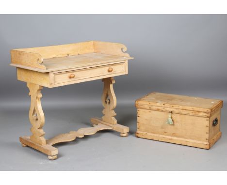 A Victorian pine washstand, height 87cm, width 92cm, depth 53cm, together with a Victorian pine trunk, height 36cm, width 70c