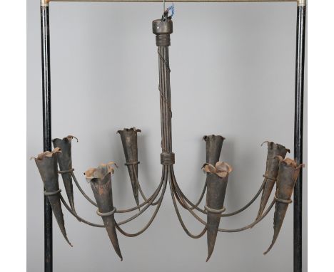 A 20th century Gothic wrought metal eight-light chandelier, height 80cm, width 100cm, together with a set of seven matching t