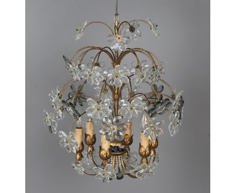 A 20th century gilt painted wrought metal and clear glass mounted six-light chandelier, applied with flowerhead mounts, heigh