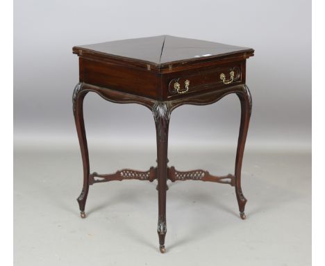 An Edwardian mahogany envelope card table, the shaped top above a drawer, on cabriole legs, height 75cm, width 55cm.Buyer’s P