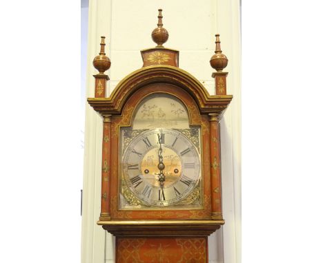 A George V chinoiserie lacquered longcase clock with eight day movement striking hours on a bell, the 9-inch brass breakarch 